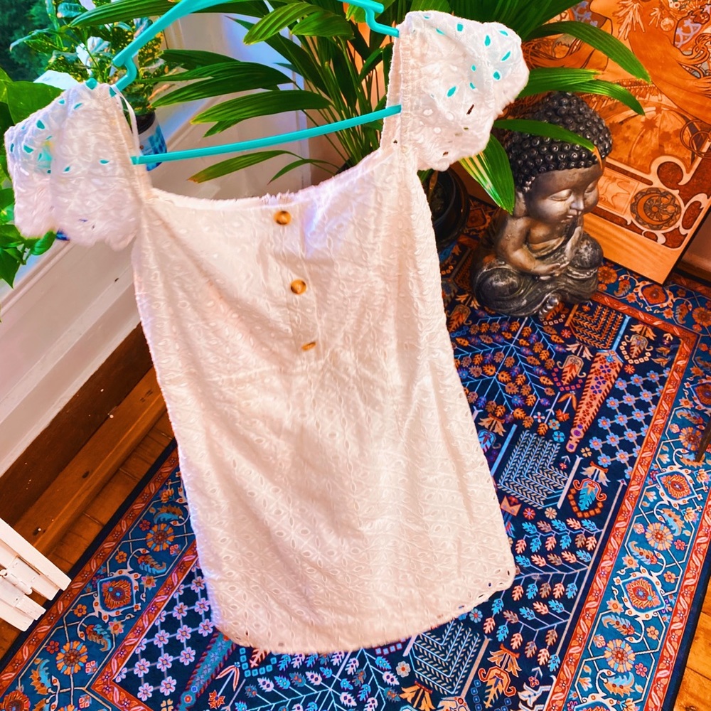 Blush Boutique White Crochet Lasercut Peasant Sleeved Fitted Dress ๐ - Picture 5 of 7